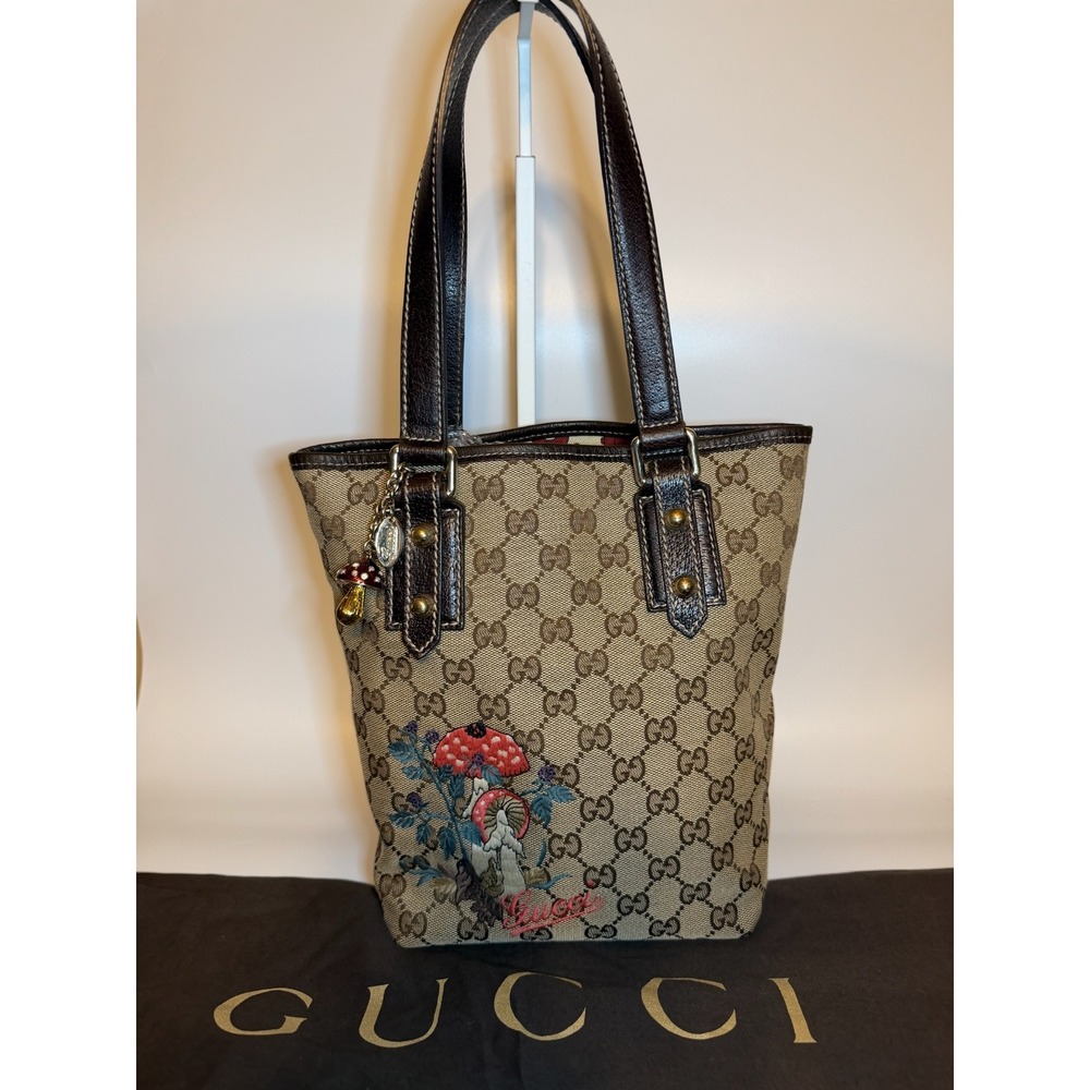 Gucci GG Canvas Mushroom Embroidered Small Tote Brown Leather Italy - Picture 5 of 14